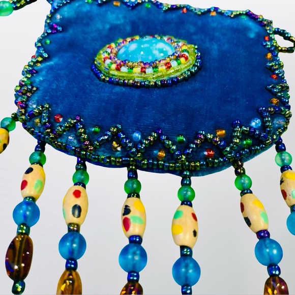 💎 Vintage Beaded Velvet Mini Bag Boho Crossbody Velvet Blue Mermaidcore Purse 💎 - Picture 2 of 5